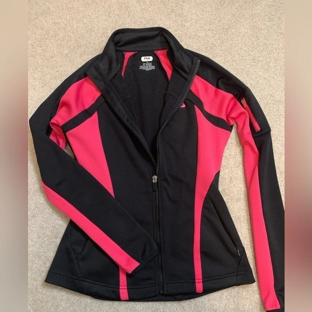 Vintage Fila Women Athletic Zip Up Long Sleeve Track Jacket Size‎ XS Black/Pink